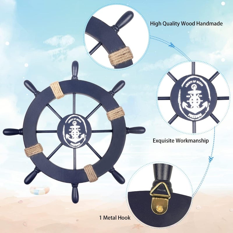 Meching 2 Pack 11" Nautical Beach Wooden Ship Wheel and 13" Wooden Anchor with Rope Nautical Boat Steering Wheel Rudder Anchor Wall Art Decor Door Hanging Ornament Beach Theme Home Decoration(Blue) - Image 4
