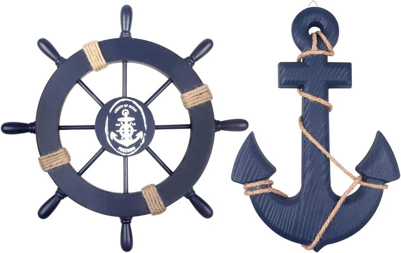 Meching 2 Pack 11" Nautical Beach Wooden Ship Wheel and 13" Wooden Anchor with Rope Nautical Boat Steering Wheel Rudder Anchor Wall Art Decor Door Hanging Ornament Beach Theme Home Decoration(Blue) - Image 1