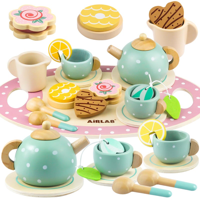Airlab Wooden Tea Set, Kids Tea Party Set for Children, Toddlers Pretend Role Play Kitchen Accessories Toys Food Gift, Including Dessert Cookies Cake - Image 1