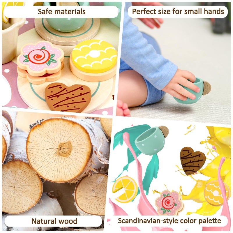 Airlab Wooden Tea Set, Kids Tea Party Set for Children, Toddlers Pretend Role Play Kitchen Accessories Toys Food Gift, Including Dessert Cookies Cake - Image 2
