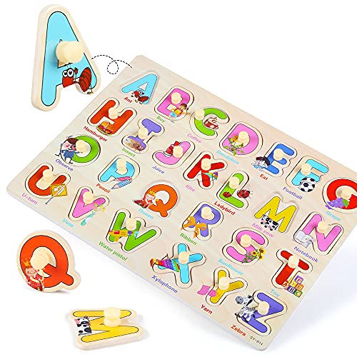 GR GRINNNIE GRINNNIE Wooden Peg Puzzle for Toddlers 3 4 5 Years Old, 4 PCS Montessori Educational Learning Puzzles Set-Numbers, Letters, Animals and Fruits, Great Preschool Gifts for Girls and Boys - Image 4
