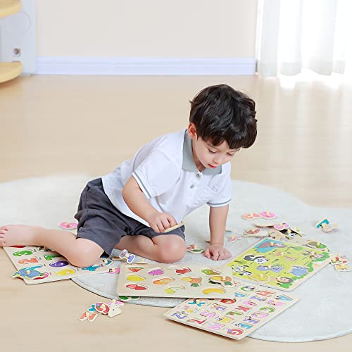 GR GRINNNIE GRINNNIE Wooden Peg Puzzle for Toddlers 3 4 5 Years Old, 4 PCS Montessori Educational Learning Puzzles Set-Numbers, Letters, Animals and Fruits, Great Preschool Gifts for Girls and Boys - Image 3
