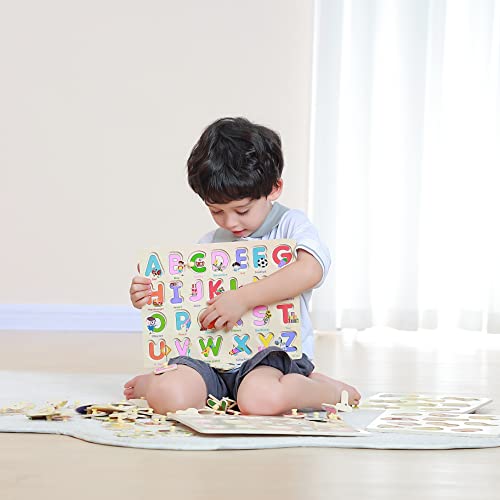 GR GRINNNIE GRINNNIE Wooden Peg Puzzle for Toddlers 3 4 5 Years Old, 4 PCS Montessori Educational Learning Puzzles Set-Numbers, Letters, Animals and Fruits, Great Preschool Gifts for Girls and Boys - Image 2
