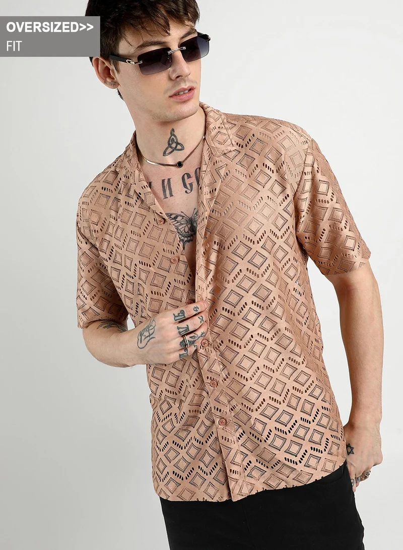 Campus Sutra Men's Tan Brown Oversized Rhombus Shirt