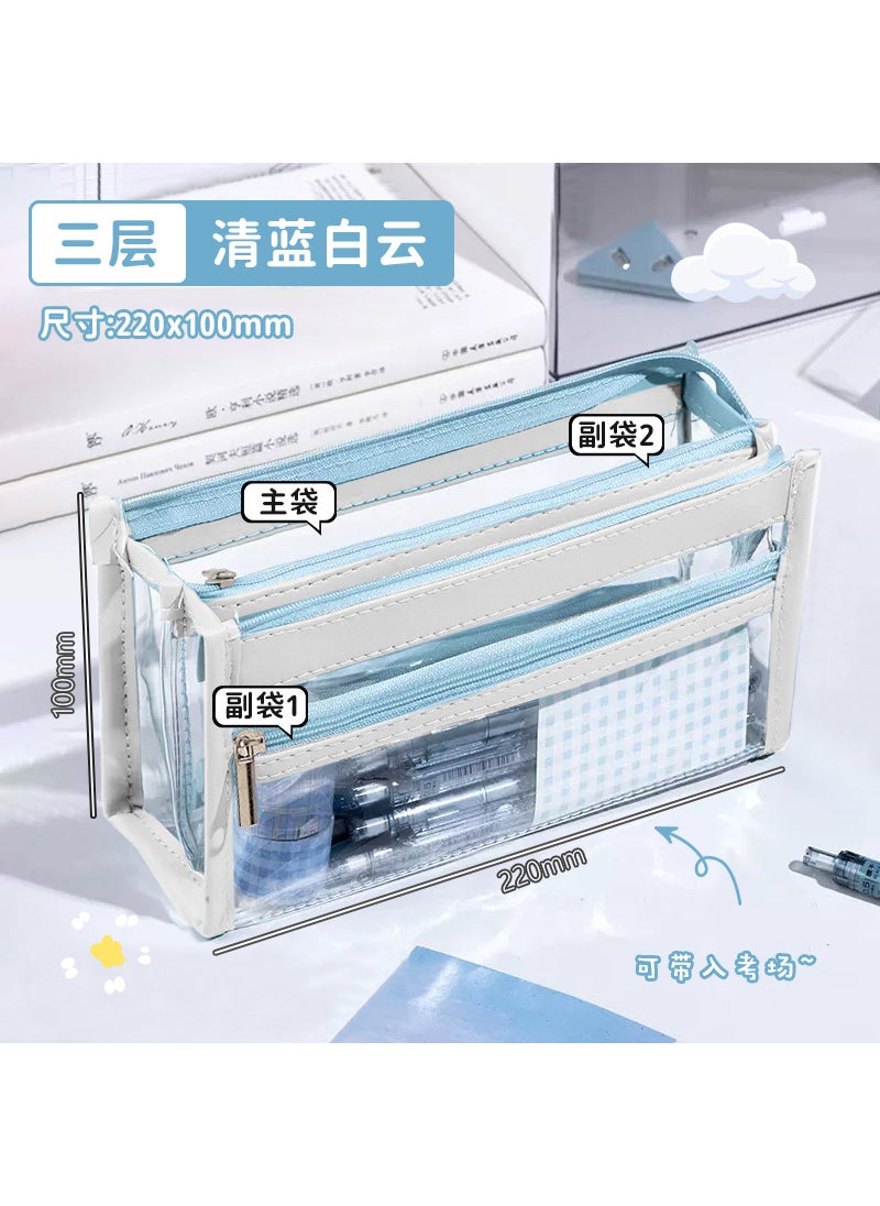 Generic - 3-Layer Transparent Pencil Case Large Capacity clear blue and white clouds - Image 1