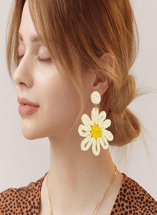 Anmpab Boho Raffia Flower Earrings Sunflower Raffia Rattan Drop Earrings for Women Spring Summer Beach Vacation Jewelry (White) - Image 3