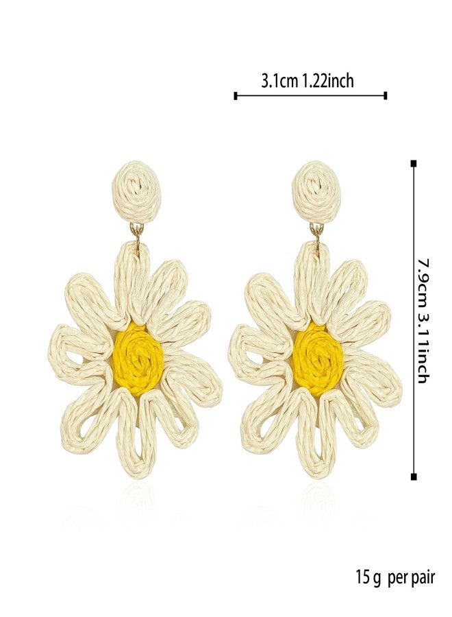 Anmpab Boho Raffia Flower Earrings Sunflower Raffia Rattan Drop Earrings for Women Spring Summer Beach Vacation Jewelry (White) - Image 5