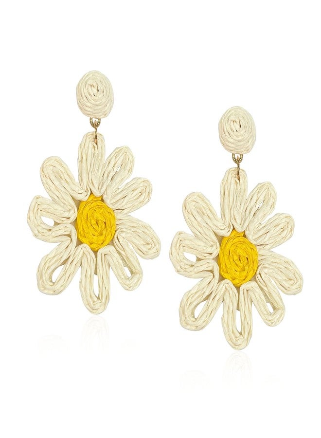 Anmpab Boho Raffia Flower Earrings Sunflower Raffia Rattan Drop Earrings for Women Spring Summer Beach Vacation Jewelry (White) - Image 1