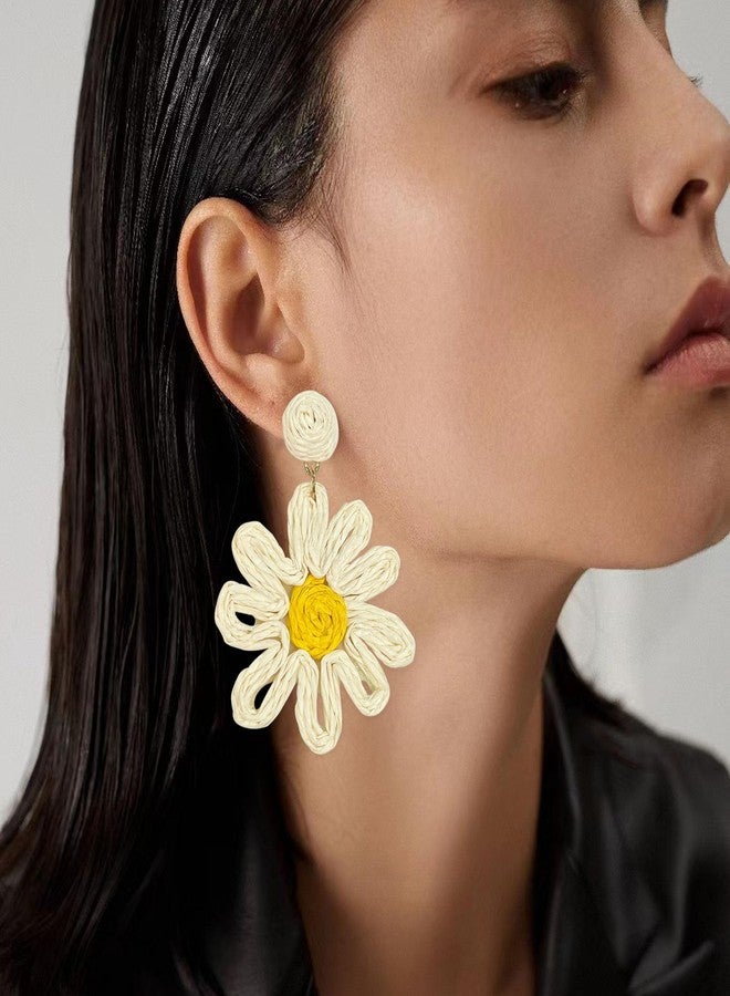 Anmpab Boho Raffia Flower Earrings Sunflower Raffia Rattan Drop Earrings for Women Spring Summer Beach Vacation Jewelry (White) - Image 4