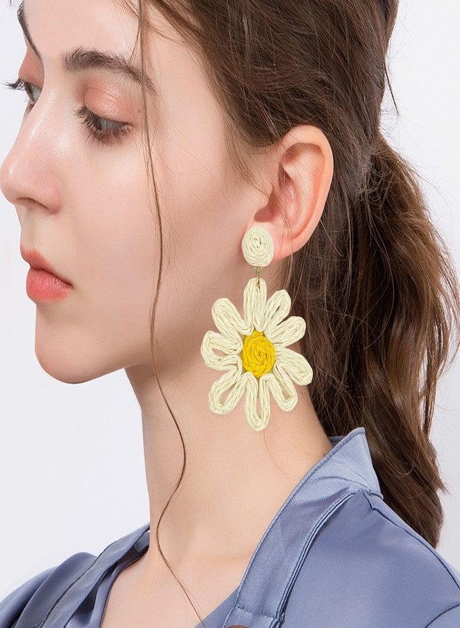 Anmpab Boho Raffia Flower Earrings Sunflower Raffia Rattan Drop Earrings for Women Spring Summer Beach Vacation Jewelry (White) - Image 2