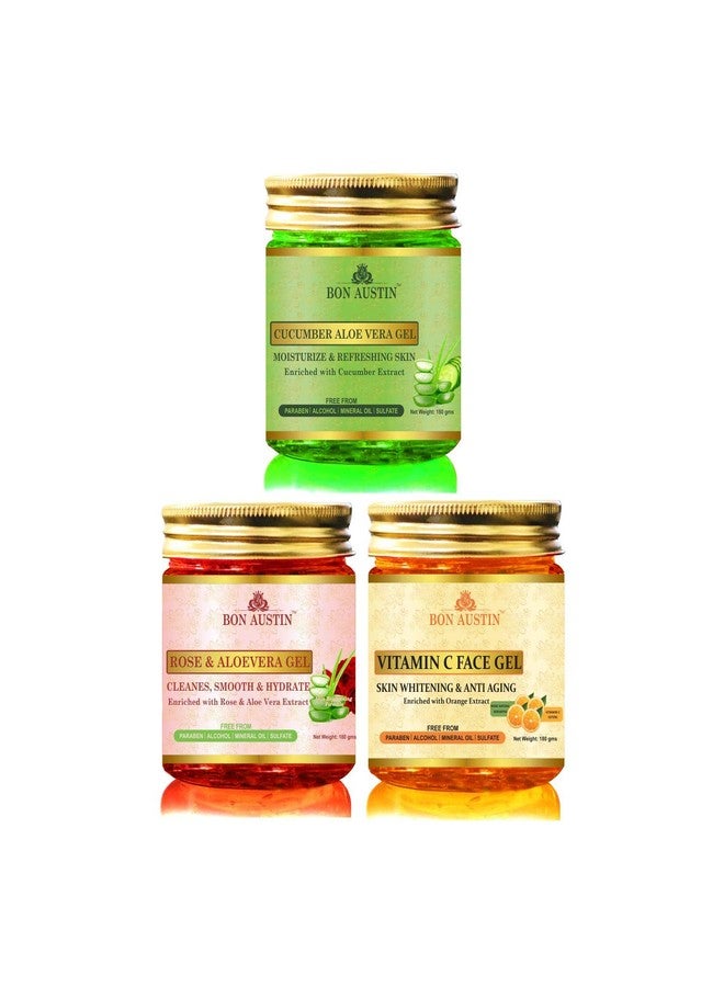 Bon Austin Premium Rose Aloe Vera Gel, Vitamin C Face Gel & Cucumber Aloe Vera Gel Combo Pack of 3 Jars of 180 gms(540 gms) - Image 2