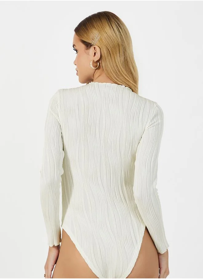 Styli Textured Striped Long Sleeves Bodysuit