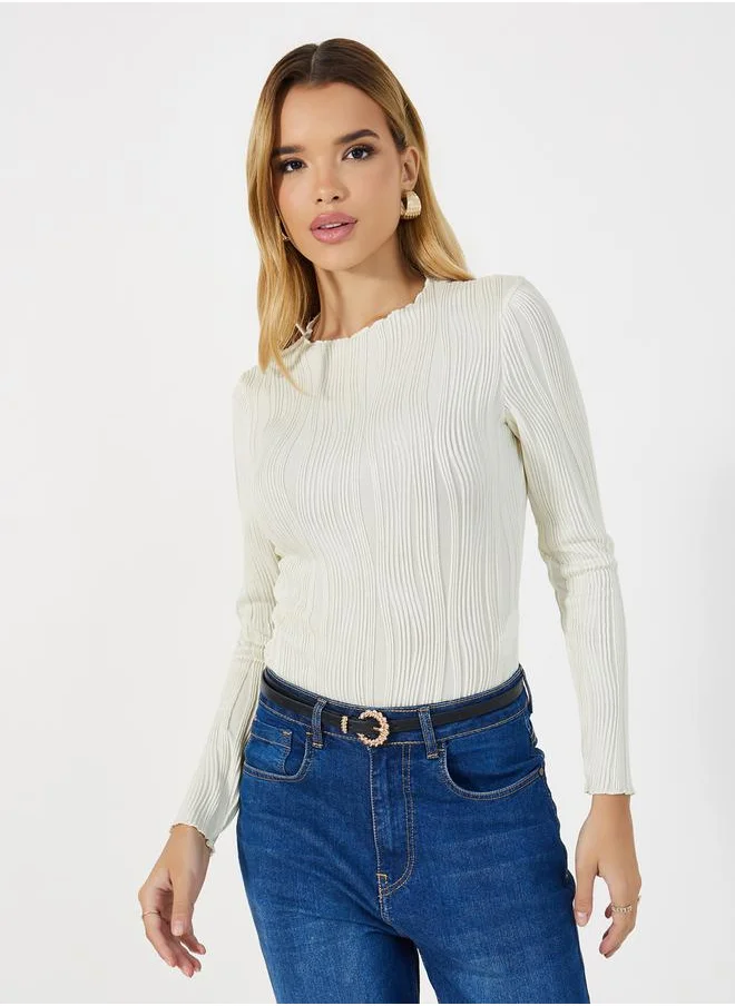 Styli Textured Striped Long Sleeves Bodysuit