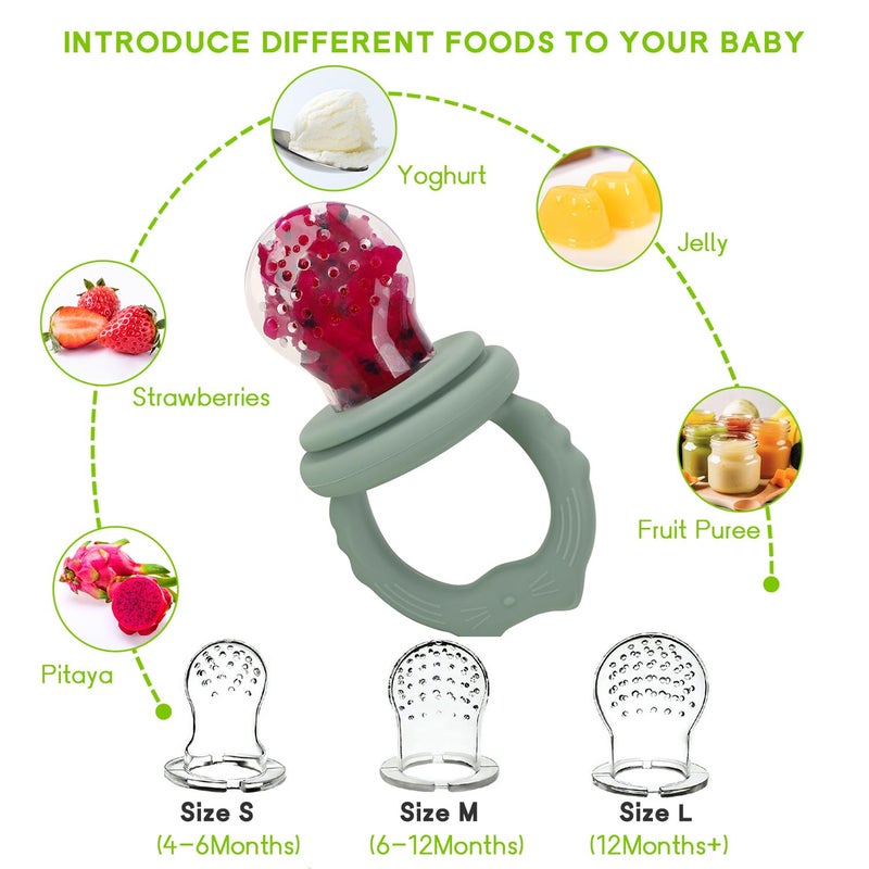 Socub Silicone Baby Fruit Food Feeder & Baby Food Freezer Tray Set, milk Popsicle Molds for Baby Teething Relief, Baby Food Pacifier Feeder for Self Feeding, Include 3 Sizes Food Pouch (Sage) - Image 4