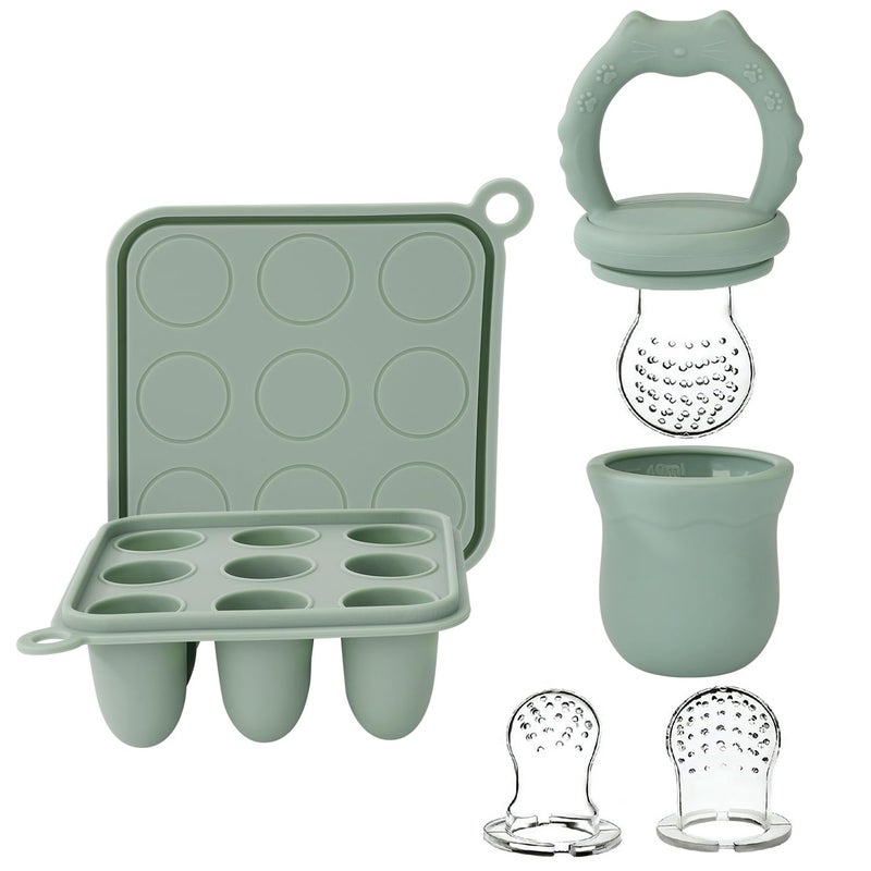 Socub Silicone Baby Fruit Food Feeder & Baby Food Freezer Tray Set, milk Popsicle Molds for Baby Teething Relief, Baby Food Pacifier Feeder for Self Feeding, Include 3 Sizes Food Pouch (Sage) - Image 1