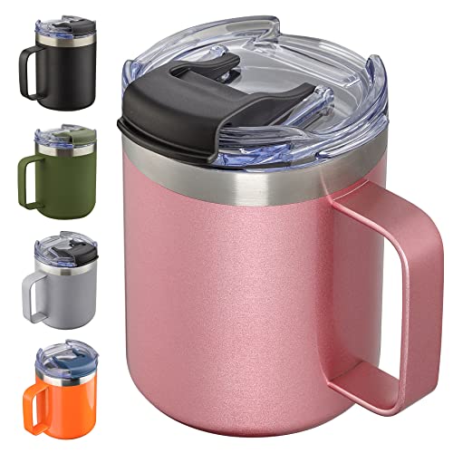 ALOUFEA 12oz Insulated Coffee Mug Cup with Handle, Stainless Steel Travel Coffee Mug with Flip Lid, Double Wall Vacuum Coffee Tumbler, Rose Gold - Image 1