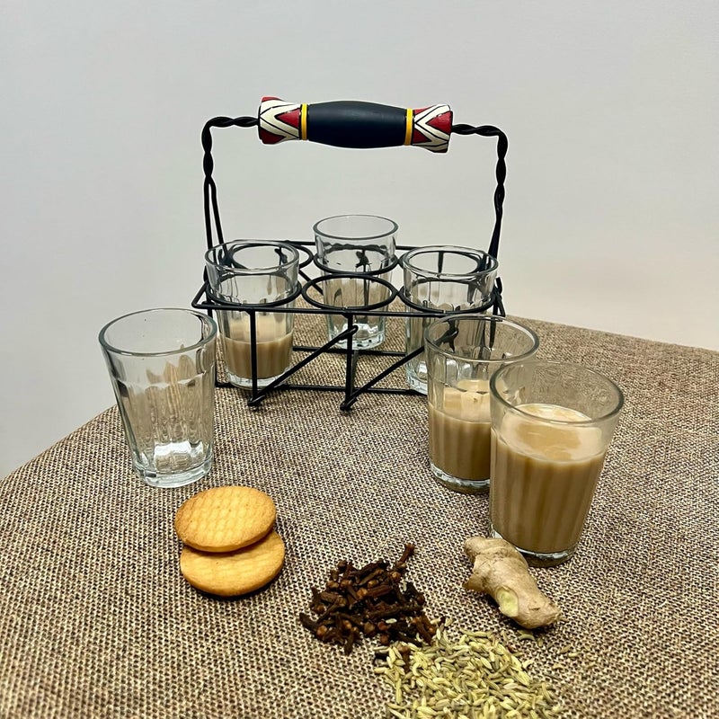 ARTYSTA BEAUTIFYING LIVES Artysta Tribal Transparent Premium Cutting Chai Glass Set with Stand 61 Traditional Tea Glasses with Handpainted Iron Stand Dhaba Style Tea Serving Set 120ml - Image 3