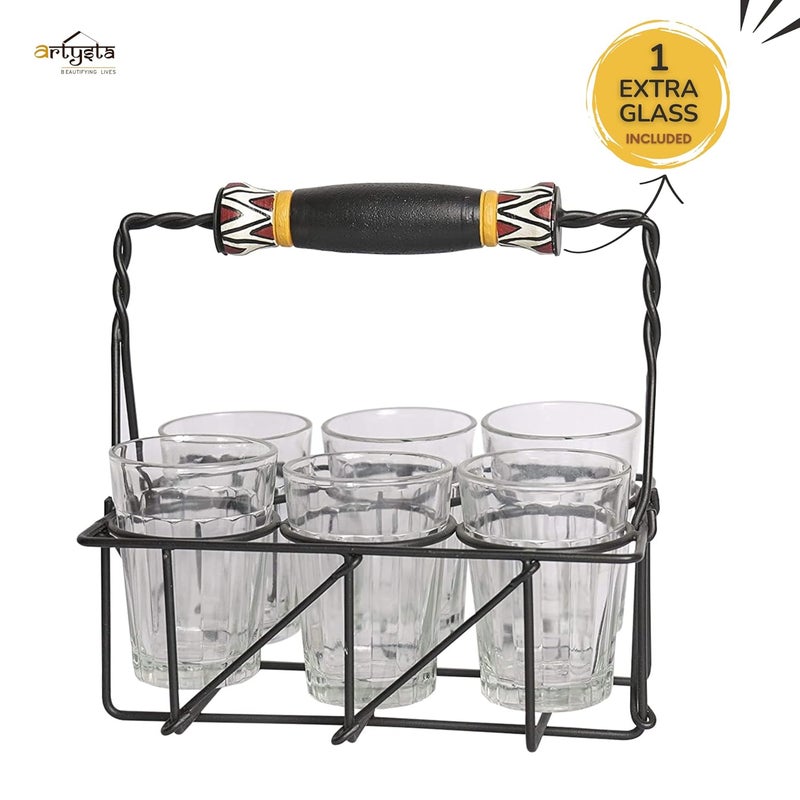 ARTYSTA BEAUTIFYING LIVES Artysta Tribal Transparent Premium Cutting Chai Glass Set with Stand 61 Traditional Tea Glasses with Handpainted Iron Stand Dhaba Style Tea Serving Set 120ml - Image 2