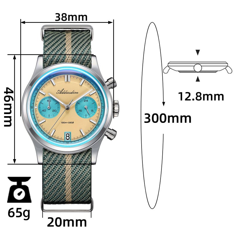 ADDIESDIVE Chronograph Watch Quartz Sweep Second Movement 100 M Waterproof BGW9 Luminous Owl Dial Sport Watches for Men Nylon Strap - Image 2