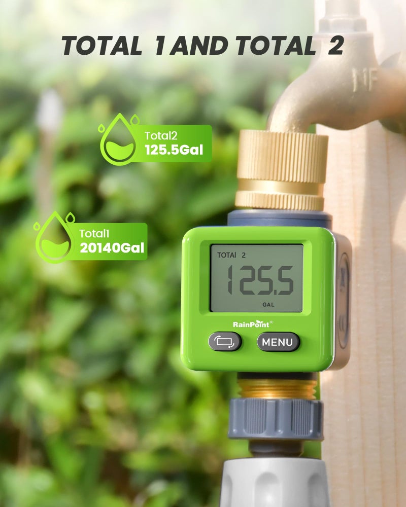 RAINPOINT Water Flow Meter, Â±5% Accuracy, Pure Brass Inlet & Outlet Water Meter, 180Â° Screen-Flip, 4 Measure Modes for Outdoor Garden Hose, Lawn Sprinkler Watering, RV Water Tank Filling, Green - Image 3