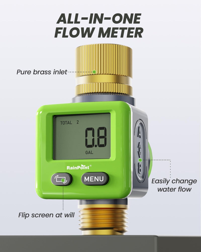 RAINPOINT Water Flow Meter, Â±5% Accuracy, Pure Brass Inlet & Outlet Water Meter, 180Â° Screen-Flip, 4 Measure Modes for Outdoor Garden Hose, Lawn Sprinkler Watering, RV Water Tank Filling, Green - Image 2