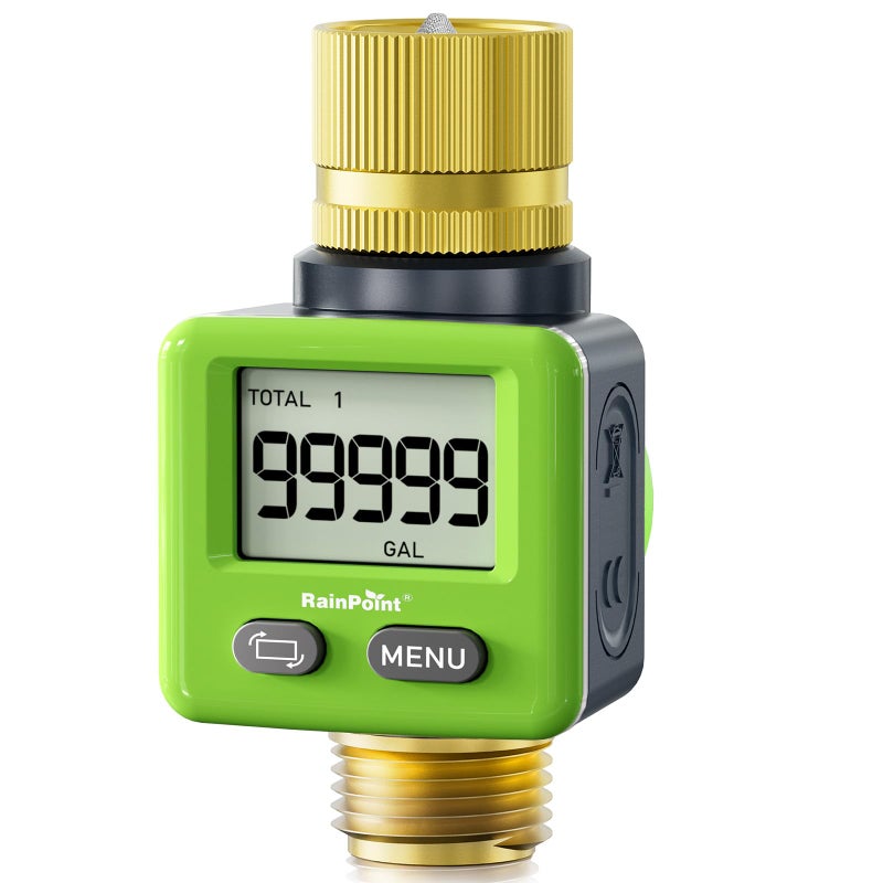 RAINPOINT Water Flow Meter, Â±5% Accuracy, Pure Brass Inlet & Outlet Water Meter, 180Â° Screen-Flip, 4 Measure Modes for Outdoor Garden Hose, Lawn Sprinkler Watering, RV Water Tank Filling, Green - Image 1