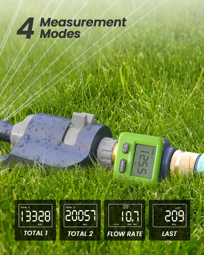 RAINPOINT Water Flow Meter, Â±5% Accuracy, Pure Brass Inlet & Outlet Water Meter, 180Â° Screen-Flip, 4 Measure Modes for Outdoor Garden Hose, Lawn Sprinkler Watering, RV Water Tank Filling, Green - Image 5