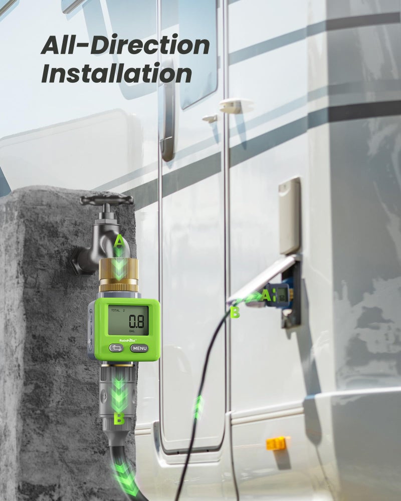 RAINPOINT Water Flow Meter, Â±5% Accuracy, Pure Brass Inlet & Outlet Water Meter, 180Â° Screen-Flip, 4 Measure Modes for Outdoor Garden Hose, Lawn Sprinkler Watering, RV Water Tank Filling, Green - Image 4