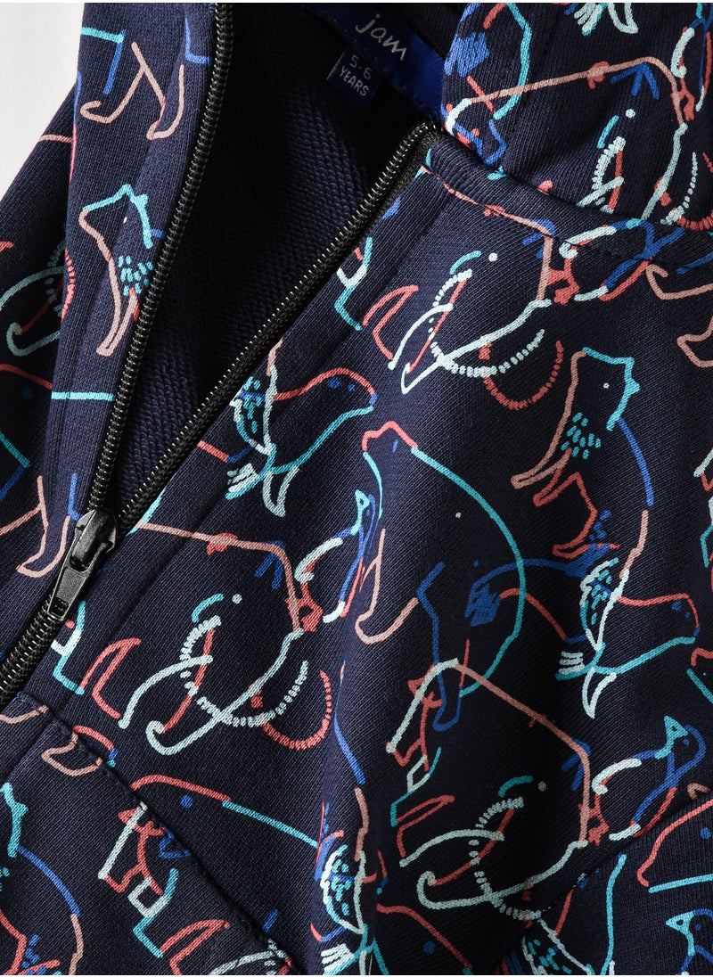 JAM - Boys Navy Blue Animal Print Hoodie - Image 1