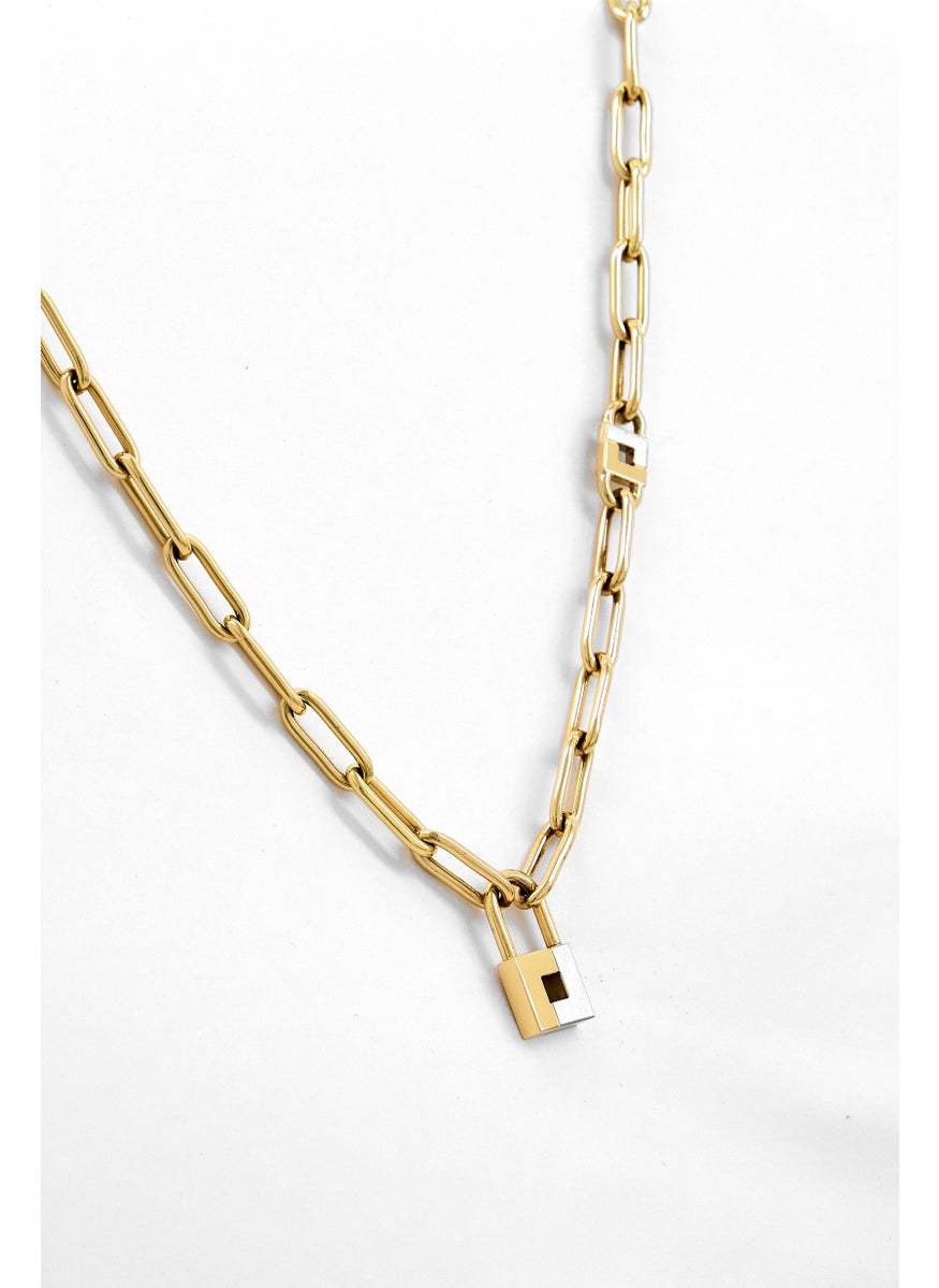 LACOSTE Women Gold Plated Lock Pendant Chain Necklace, Gold  - Image 1