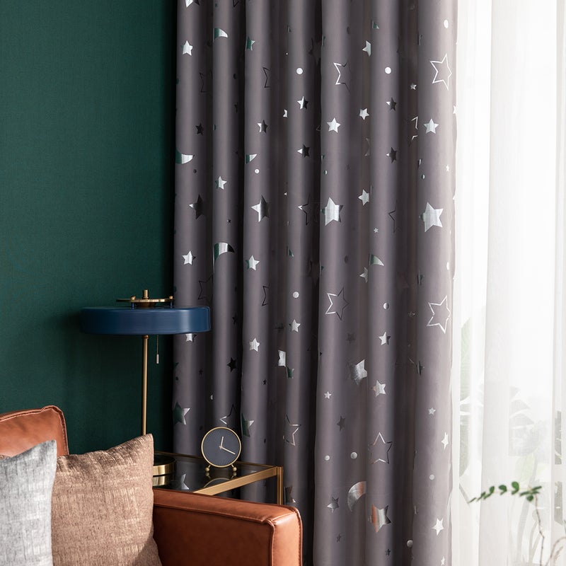 2pc Curtain with Hot Silver Star and Moon Full Blackout Bedroom Living Room Heat Insulation Light Blocking Curtain Fabric - Image 5