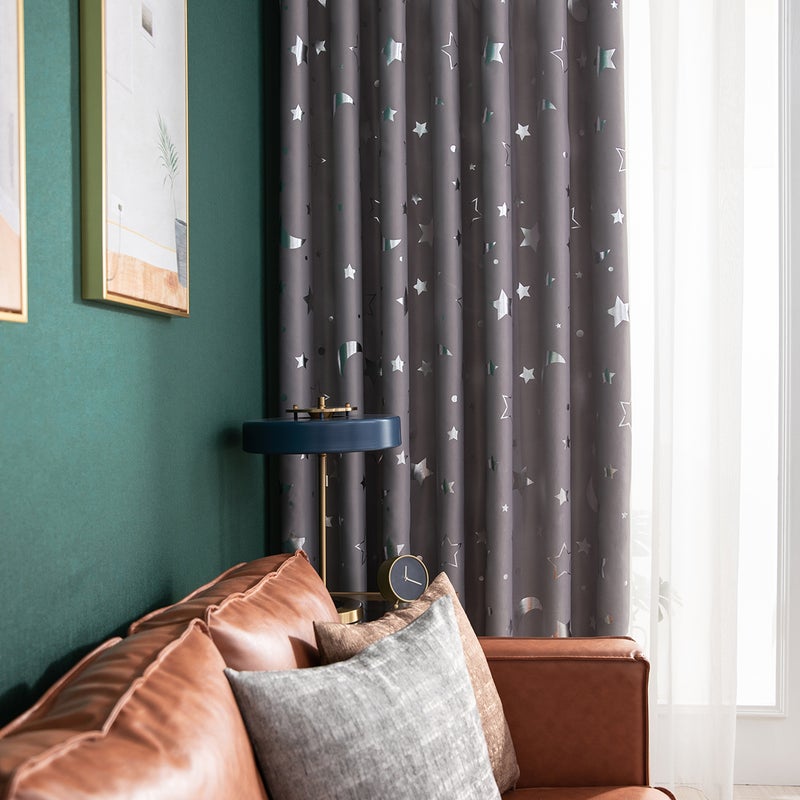 2pc Curtain with Hot Silver Star and Moon Full Blackout Bedroom Living Room Heat Insulation Light Blocking Curtain Fabric - Image 4