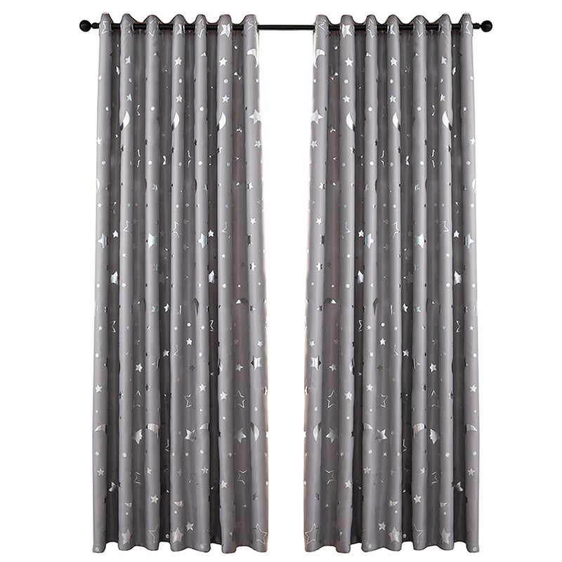 2pc Curtain with Hot Silver Star and Moon Full Blackout Bedroom Living Room Heat Insulation Light Blocking Curtain Fabric - Image 1