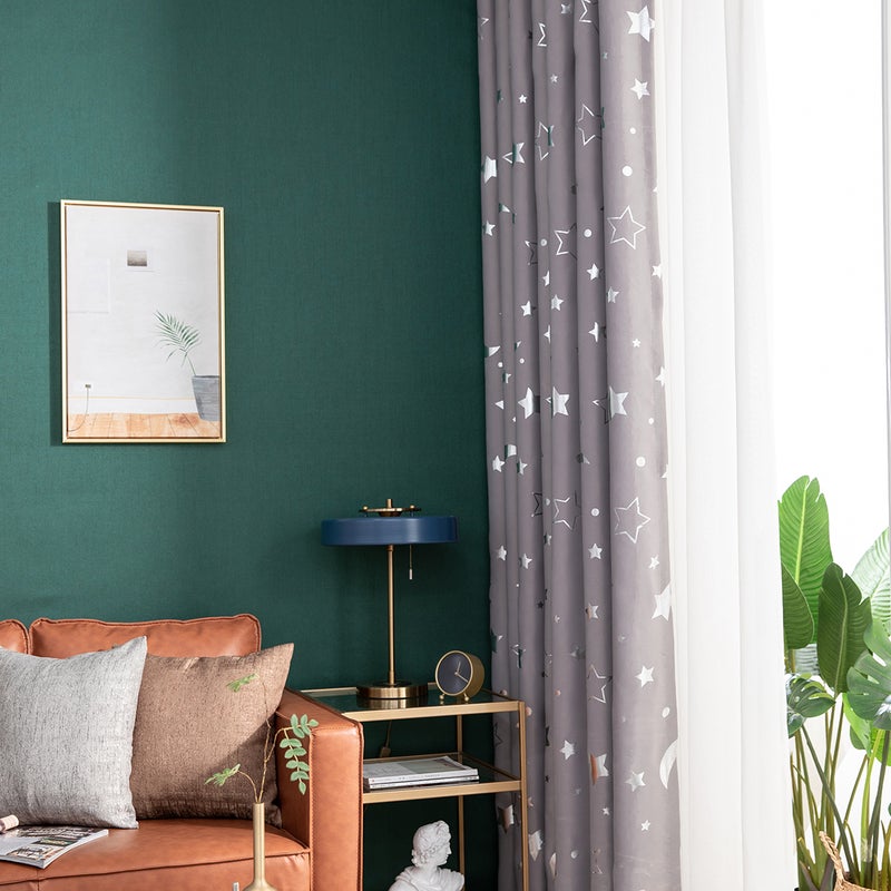 2pc Curtain with Hot Silver Star and Moon Full Blackout Bedroom Living Room Heat Insulation Light Blocking Curtain Fabric - Image 2