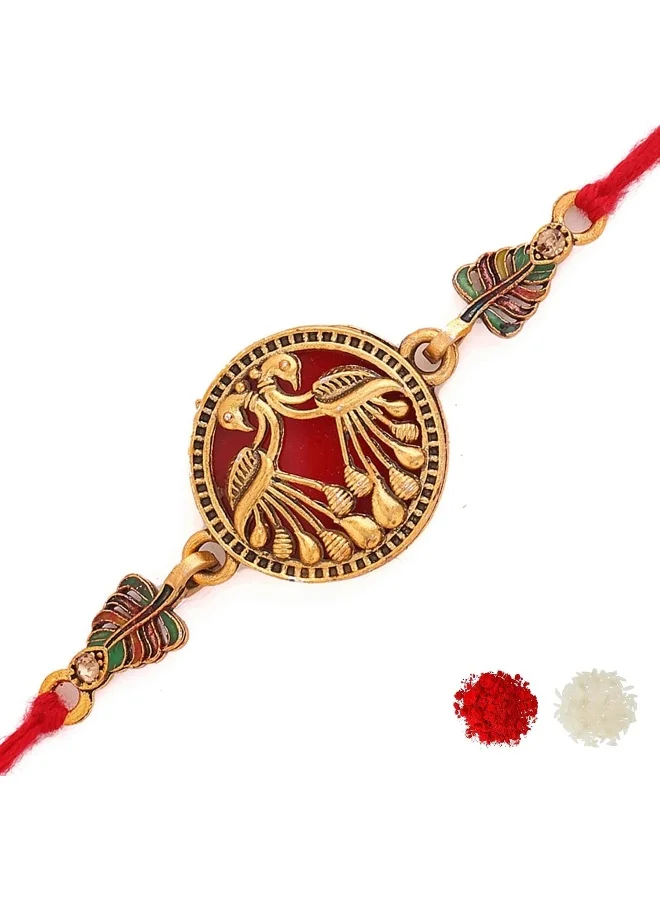 VOYLLA Designer Gold Toned Peacock Rakhi With Roli Chaawal Pack
