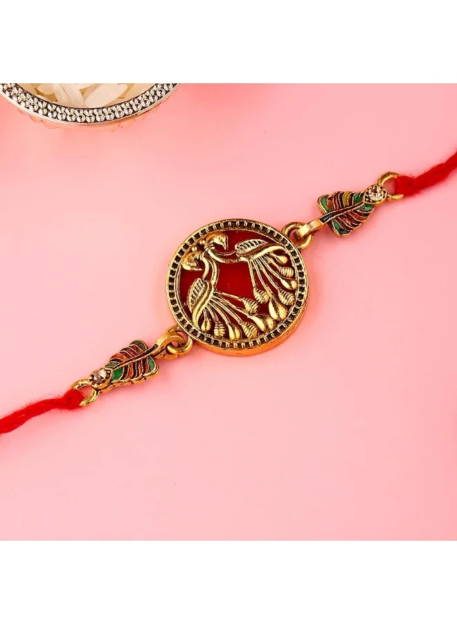 VOYLLA Designer Gold Toned Peacock Rakhi With Roli Chaawal Pack