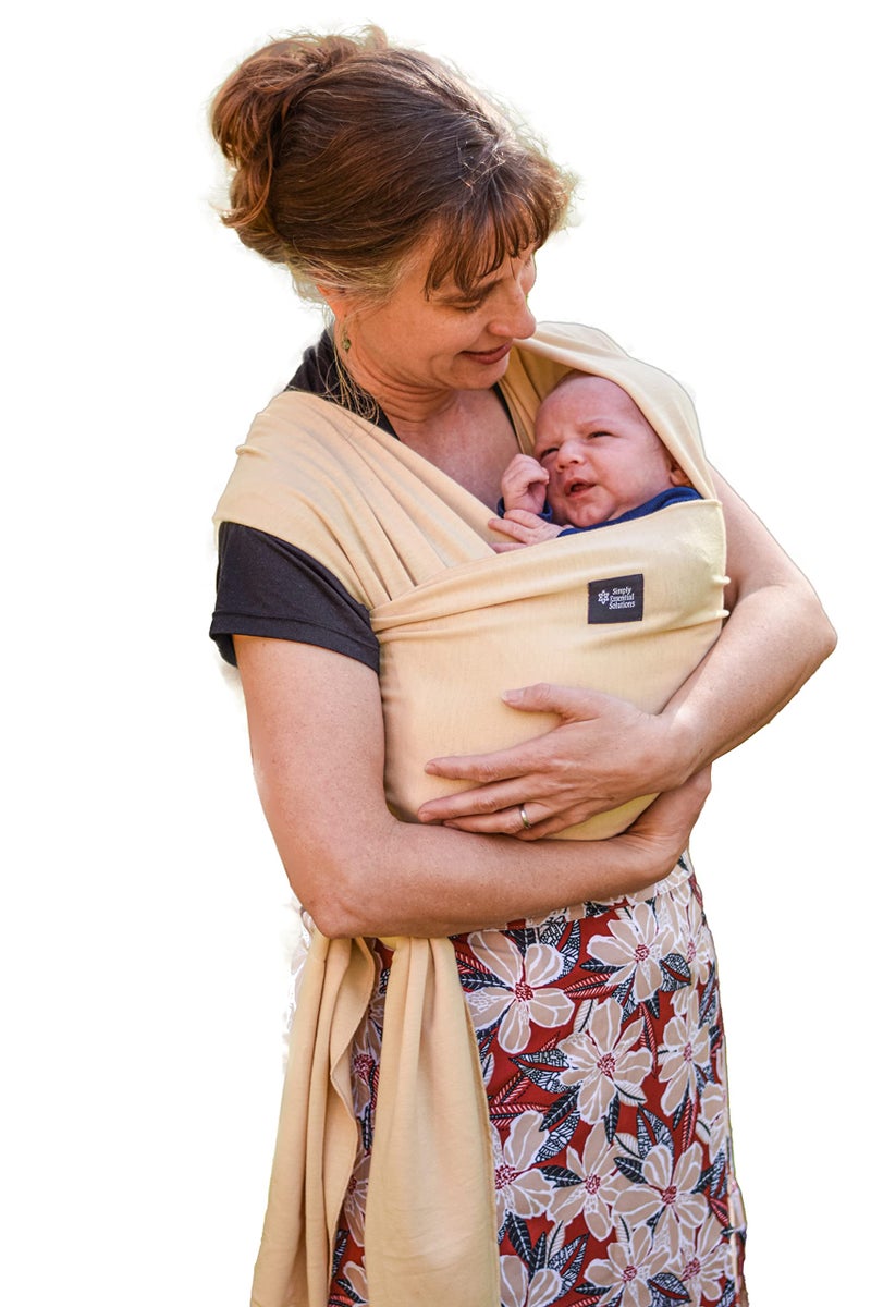 Simply Essential Solutions حمالة أطفال ناعمة ومرنة، قماش قطن، حمالة أطفال، غطاء للرضاعة للاستخدام مع حديثي الولادة - الأطفال الصغار: توزع الوزن بالتساوي لراحة أكبر أثناء الحمل (كريم) - Image 1