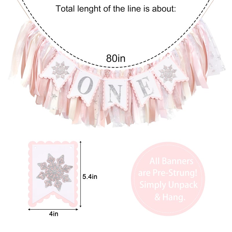 beaded Snowflake One High Chair Banner - Girl's 1st Birthday Party Banner, Winter Wonderland Decorations, Smash Cake Photo Props, Pink - Image 2