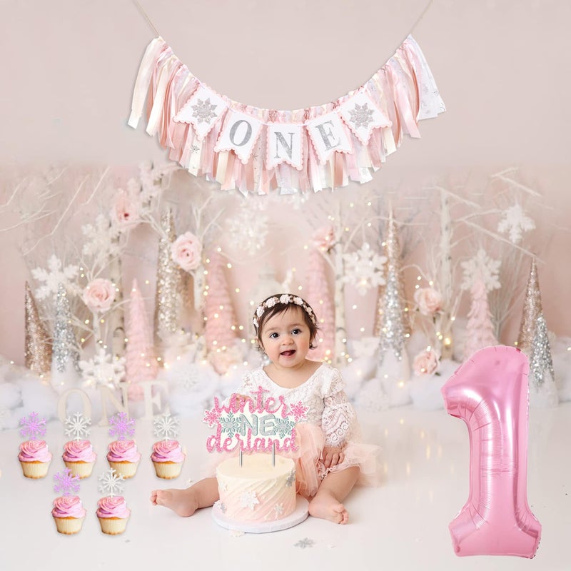 beaded Snowflake One High Chair Banner - Girl's 1st Birthday Party Banner, Winter Wonderland Decorations, Smash Cake Photo Props, Pink - Image 4