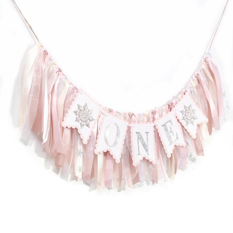 beaded Snowflake One High Chair Banner - Girl's 1st Birthday Party Banner, Winter Wonderland Decorations, Smash Cake Photo Props, Pink - Image 5