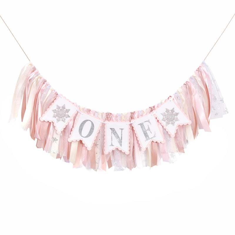 beaded Snowflake One High Chair Banner - Girl's 1st Birthday Party Banner, Winter Wonderland Decorations, Smash Cake Photo Props, Pink - Image 1