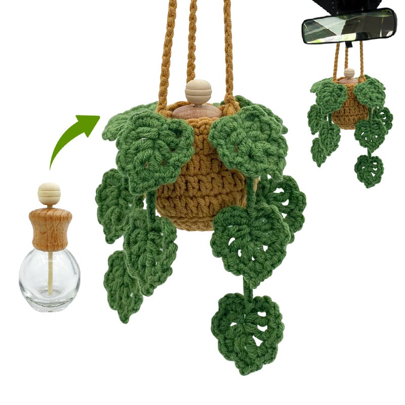 SGIBYN Crochet Car Air Freshener, 15ml Empty Refillable Oil Diffuser Bottle with Hanging Crochet Plant for Car Rearview Mirror Decor, Handmade Home&Office Decor - Image 1