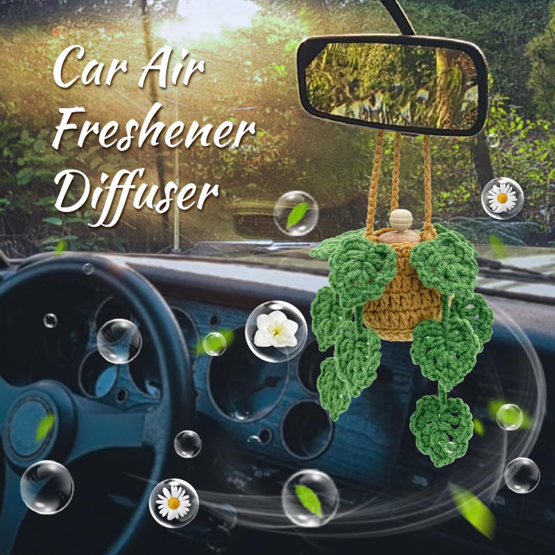 SGIBYN Crochet Car Air Freshener, 15ml Empty Refillable Oil Diffuser Bottle with Hanging Crochet Plant for Car Rearview Mirror Decor, Handmade Home&Office Decor - Image 2