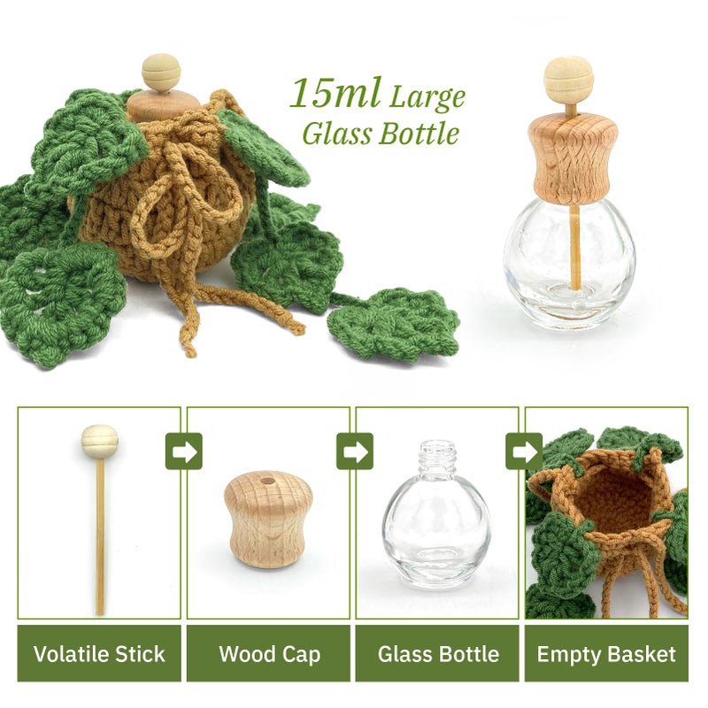 SGIBYN Crochet Car Air Freshener, 15ml Empty Refillable Oil Diffuser Bottle with Hanging Crochet Plant for Car Rearview Mirror Decor, Handmade Home&Office Decor - Image 4