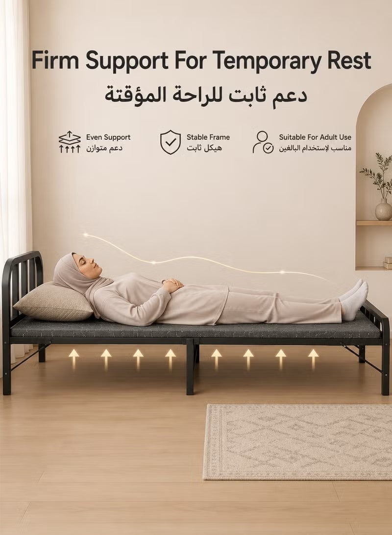 آه آه سرير فردي قابل للطي مقاس 80 × 190 سم مع مرتبة، سرير ضيوف معدني قابل للطي للبالغين، سرير محمول موفر للمساحة مع لوح رأس وأرجل داعمة، مناسب لغرفة الضيوف والمكتب والسكن الجامعي والتخييم، أسود/رمادي - Image 4