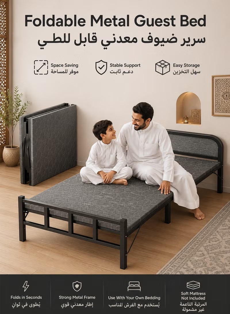 آه آه سرير فردي قابل للطي مقاس 80 × 190 سم مع مرتبة، سرير ضيوف معدني قابل للطي للبالغين، سرير محمول موفر للمساحة مع لوح رأس وأرجل داعمة، مناسب لغرفة الضيوف والمكتب والسكن الجامعي والتخييم، أسود/رمادي - Image 2