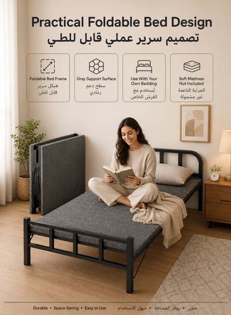 آه آه سرير فردي قابل للطي مقاس 80 × 190 سم مع مرتبة، سرير ضيوف معدني قابل للطي للبالغين، سرير محمول موفر للمساحة مع لوح رأس وأرجل داعمة، مناسب لغرفة الضيوف والمكتب والسكن الجامعي والتخييم، أسود/رمادي - Image 5