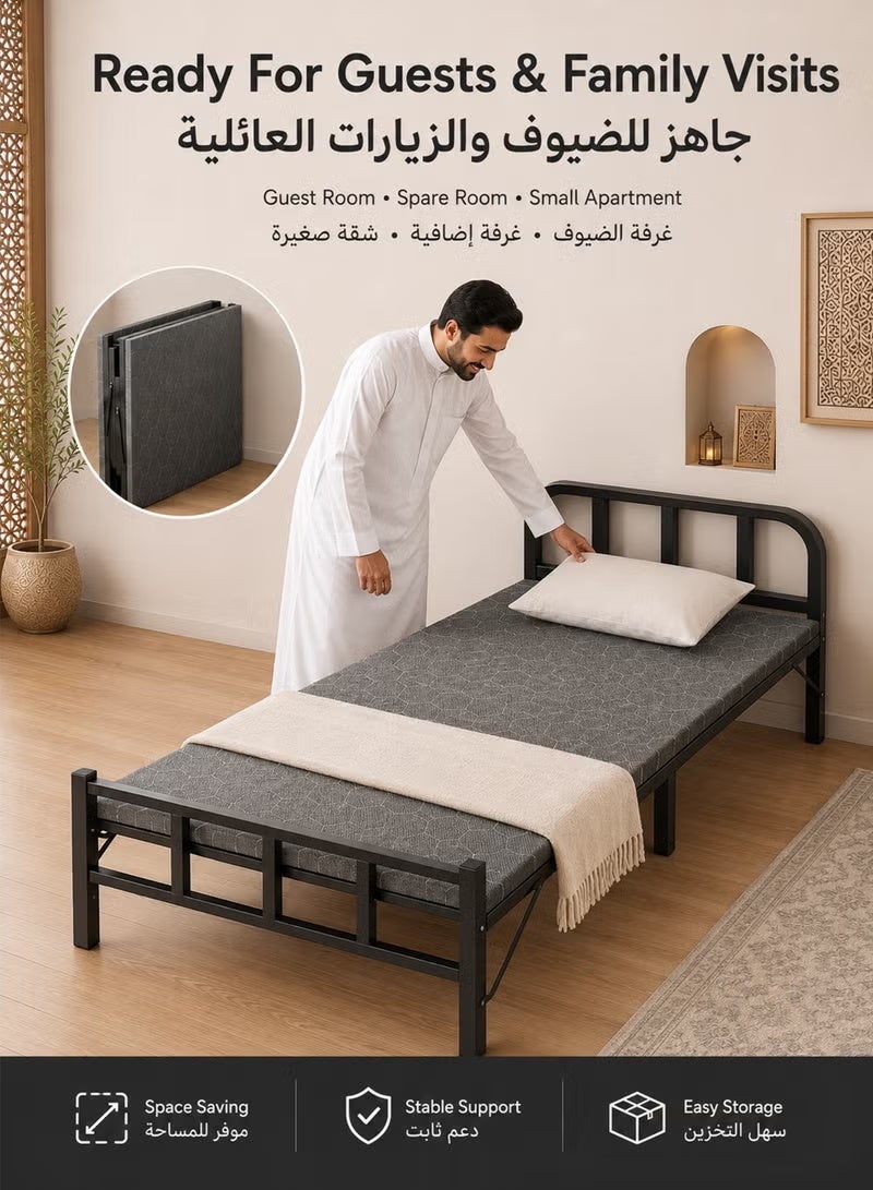 آه آه سرير فردي قابل للطي مقاس 80 × 190 سم مع مرتبة، سرير ضيوف معدني قابل للطي للبالغين، سرير محمول موفر للمساحة مع لوح رأس وأرجل داعمة، مناسب لغرفة الضيوف والمكتب والسكن الجامعي والتخييم، أسود/رمادي - Image 3
