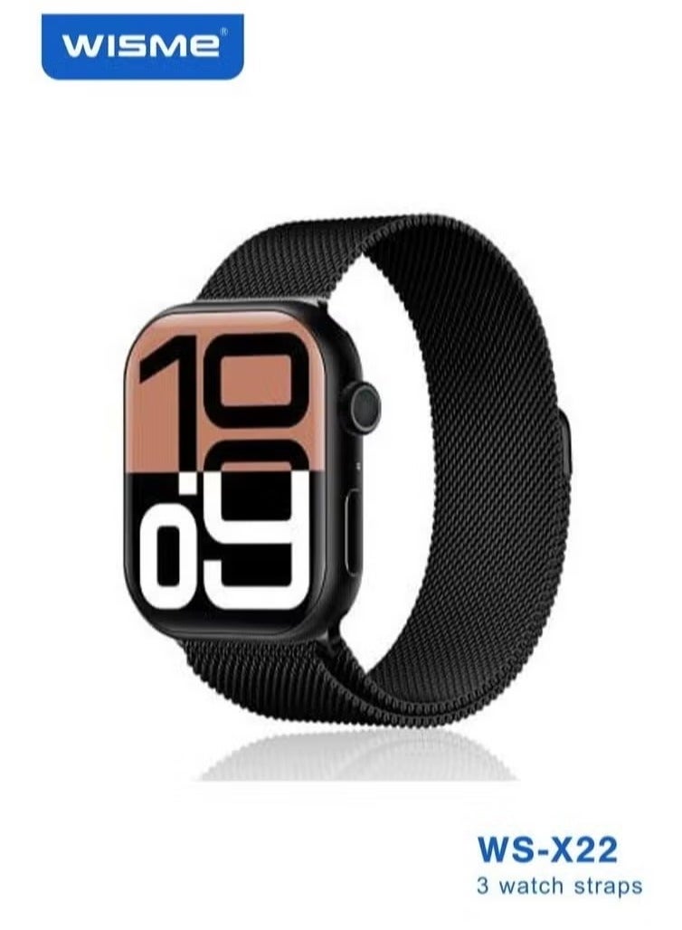 WISME ساعة ذكية مقاومة للماء WS-X22 | شاشة HD كاملة، مكالمات بلوتوث وإشعارات | تتبع لياقة متقدمة، مراقبة معدل ضربات القلب والنوم | أوضاع رياضية، عمر بطارية طويل وثلاثة أحزمة قابلة للتبديل - أسود - Image 1
