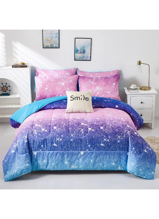 Generic kiddiku Purple Glitter Comforter Set Full/Queen Size for Girls, Sparkle Galaxy Twinkle for Kids Teen,3 Piece Blue Purple Pink Ombre Pastel Bedding Set 2 Pillow Cases(Purple,Queen),(3-Piece)  - Image 1